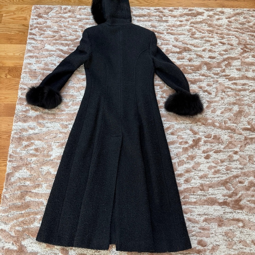Marvin Richards Long Wool-Blend Teddy Coat with Fur Trim – Black – Size 4 - Picture 8 of 11